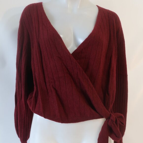 NWT Womens Crush Chica Maroon Pure Cashmere Ribbed Ballet Wrap Sweater 2 US/M - Picture 2 of 15